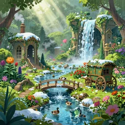 colorful medieval botanical garden, ornate, beautiful, atmosphere, vibe, mist, smoke, chimney, rain, well, wet, pristine, puddles, waterfall, melting, dripping, snow, ducks, creek, lush, ice, bridge, cart, forest, flowers, concept art illustration, color page, 4 k, tone mapping, akihiko yoshida, james jean, andrei riabovitchev, marc simonetti, yoshitaka amano, digital illustration, greg rutowski, volumetric lighting, sunbeams, particles, trending on artstation
