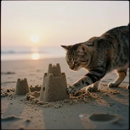 photo of a cat playing with a sandcastle on a beach, cinematic sunset lighting, kodak portrait 4 0 0