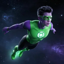 photos of a real life soranik natu soaring thru outer space as a Green Lantern beautiful, photogenic, purple skin, short black pixie like hair, photorealistic, cinematic