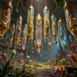 rustic yet enormous SCP (Secure, Contain, Protect) agency interior with infinite rows of giant iridescent alien artifacts suspended in cylindrical containers made of gold and quartz by Mark Keathley and Iblard Jikan, with vivid palette by James Gurney, overgrown spacious factory hall with alien plants and flowers, inspired by Control the game, mysterious, eeriewave, hyperdetailed, dramatic camera angle with focus on infinity, octane render 8k, 4k, HDR, rtx on, unreal engine, lots of space