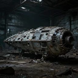 abandoned warehouse, dark, dusty, post apocalyptic, space ship parts, close up, Wadim Kashin, Simon Stalenhag,  XF IQ4, f/1.4, ISO 200, 1/160s, 8K, RAW, featured in artstation, octane render, cinematic, elegant, intricate, 8k