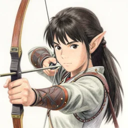 a half - elf ranger drawing her bow, fantasy, finely illustrated face, highly detailed, colored pencil, studio ghibli, tankobon, in the style of ilya kuvshinov and krenz cushart and william - adolphe bouguereau and alphonse mucha