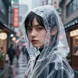 Kodak Portra 160, 8K, highly detailed, wachowski seinen manga 3/4 closeup portrait, eye contact, focus on clear transparent wet raincoat replicant girl model, tilt shift zaha hadid style anime background: famous blade runner anime remake, rainy tokyo izakaya scene