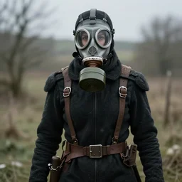 medieval british sas female operative with the standard s 1 0 gas mask and the black uniform, artstation, trending on artstation, establishing shot, by simon stalenhag