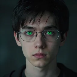 boy, thin face, black hair, bright green eyes, glasses, very thin scar on his forehead shaped like a bolt of lightning. movie still, 8 k, dark dreamy