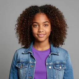 professional portrait of hazel levesque, a dark skinned fourteen year old black girl with curly brown hair and amber eyes, wearing a purple shirt and jean jacket, powerful, adorable, gem and magic theme, daughter of pluto, art by loish, stanley lau, greg rutkowski, annie leibovitz