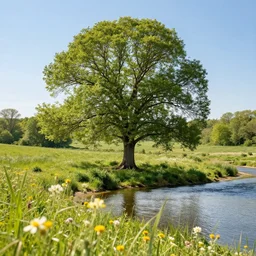 looking at the the great tree in the valley waters, flowers close up in foreground, sunshine clear day, max rive, 4 k, instagram, landscape, hdr
