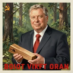 soviet poster of soothing viktor orban, holding a wood piece, forest in background