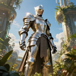Big and strong full armored female knight in a high tech botanical world with blue skies | style by Dmitry Khrapovitsky, vincent callebaut, dramatic light | high detail | cinematic lighting | pristine metals, glass, plants | solarpunk | golden hour | volumetric lighting | concept art |