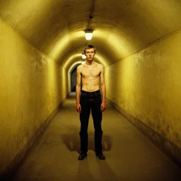 7 0 s movie still large shot of a skinny man with trypophobia in a yellow wall soviet tunnel, cinestill 8 0 0 t 3 5 mm eastmancolor, heavy grain, high quality, high detail