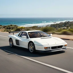 a still of a white ferrari testarossa racing along the pacific coast highway, ocean in the background, 8 k,
