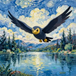 Pokemon Noctowl flying above a lake painted by Caravaggio. High quality.