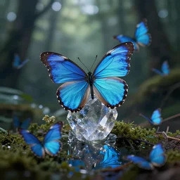 blue butterflies, forest, crystal, reflection, prometheus film style, realistic, cinematic, trending on artstation, magnificent, 1 6 ： 9,