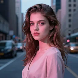 portrait of a beautiful girl, standing in new york, shades of pink and blue, by john chamberlain