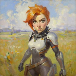 oil painting of tracer overwatch in a field wearing spiked collar uniform, in style of ivan aivazovsky, expressive face, detailed face, detailed eyes, full body, feminine face, tracer overwatch,