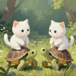 white kittens riding turtles ready for battle, cute, digital oil painting, trending on artstation