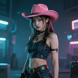 a beautiful portrait of a cyberpunk cowgirl in a dreamscape