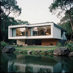 a beautiful contemporary masterpiece modern brutal house with large windows, on a lake, surrounded by trees and rocks, in central india, by alex webb, by gregory crewdson, featured on architecture daily, shot on large format film, 1 2 0 0 iso, grainy, cinematic composition, beautiful lighting, no frames