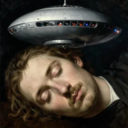 dream bot mothership above the close up of the forehead of a sleeping man. painting by bosch, karl blossfeldt, beksinski