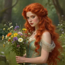 a beautiful red haired woman as a fairy princess in a garden holding a bouquet of wild flowers, deep focus, d & d, fantasy, intricate, elegant, highly detailed, digital painting, artstation, concept art, matte, sharp focus, illustration, hearthstone, art by artgerm and greg rutkowski and alphonse mucha