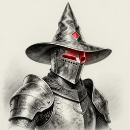a very elegant fantasy portrait of a fantasy knight and a metal wizard hat mixture, medieval armor, pointy, the red glow is coming through the knight helmet, a mixture of pen and pencil, digital art, lots of shading, master of art