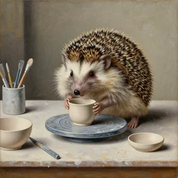 painting of a hedgehog struggling to make a cup on a table in a ceramic workshop, surrounded by ceramicists tools and unfinished bowls, oil painting, northern renaissance art, oil on canvas, wet - on - wet technique, realistic, intricate textures, illusionistic detail