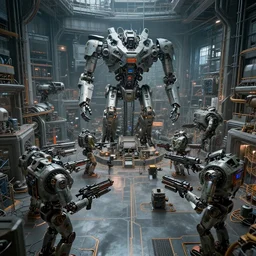 a huge sci-fi factory where they make robots and weapons for the military, cyberpunk, art, high detail, high definition, 8k,