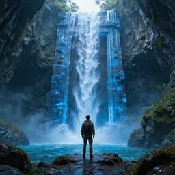 an explorer lookup up a giant doorway made of blue gel, deep underground waterfalls, beautiful matte painting, ultra detailed, 8 k render