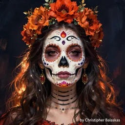 Illustration of a sugar skull day of the dead girl, art by christopher balaskas