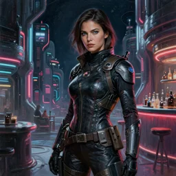 painting of the figure of a woman in a futuristic town, space opera, traveler, bounty hunter, space bar, neon, high - tech, high contrast, concept art, dramatic lighting, digital art, 8 k, extremely detailed, drawn by ruan jia