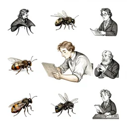 illustration, man, working, insects, by william blake, by todd schorr, by mark ryden, by john tenniel, vector icon