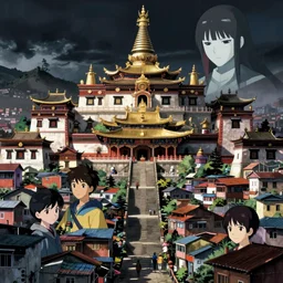 Anime vajrayana Tibetan cityscape, Ghost in the Shell, Tekkonkinkreet, favelas, temples, cinematic matte painting concept art, by Studio Ghibli Pixar
