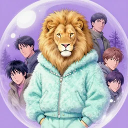 aesthetic portrait commission of a albino male furry anthro lion under a lavender bubble filled while wearing a cute mint colored cozy soft pastel winter outfit with pearls on it, winter atmosphere. character design by charlie bowater, ross tran, artgerm, and makoto shinkai, detailed, inked, western comic book art, 2 0 2 0 award winning painting