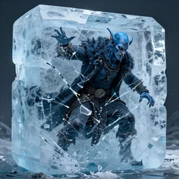 a blue tiefling man frozen in a block of ice and being shattering into a million pieces, wearing dark cloths, ice block, cracked, destroyed, shattering, breaking, by Tony Sart, detailed, realistic, masterpiece