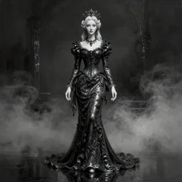 ultra realist soft painting portrait of a single beautiful porcelain gothic princess in a full long curvy slim dress in the world of Lovecraft, looking at camera, very intricate details, ultra dense fog, golden ratio, volumetric black and white lighting, reflections, refractions, symmetry accurate anatomy features, unreal render