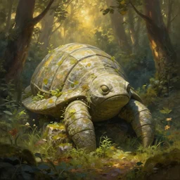 tardigrade statue in the forest, aged stone, ethereal, highly detailed, overgrowth, fantasy, elegant, golden hour, digital painting, masterpiece