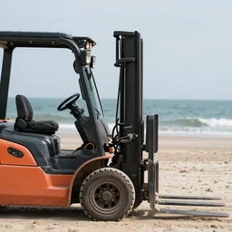 forklift on the beach looking at sea, cinema style, high quality, depth of field, 8 k, photo lense, ultra realistic, photo