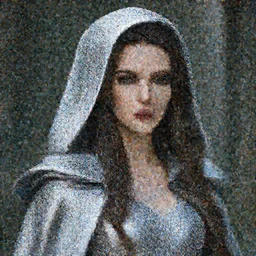 photograph of a real-life beautiful rogue with intricate silver cloak.  Extremely detailed. 8k