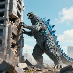 mecha godzilla pushing down a building, photorealistic, 3 d, octane render, unreal engine
