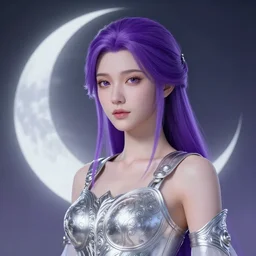 portrait of young prophetess of the moon, silver filigree armor, purple hair, translucent skin, beautiful! coherent! by brom, by junji ito, strong line, high contrast, muted color, minimalism
