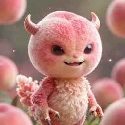an alien with a face that looks like a fuzzy peach the peach is fuzzy pink warm and ripe the alien has horns and a mean smile the alien has chicken feet cruel smile, 4k, highly detailed, high quality, amazing, high particle effects, glowing, majestic, soft lighting, detailed background, happy tones, sharp background