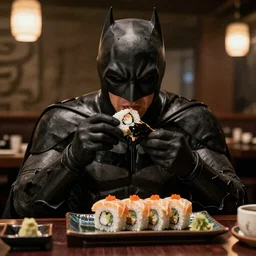 “realistic Batman eats sushi, cinematic, 4k”