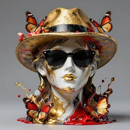 a fancy head fluid marble statue, wearing sunglasses and a hat surrounded by butterflies flowers, multiple splashes of golden and red and black paint, vogue cover style, high detail, stanley kubrick mood, hyperrealism