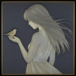meticulous, delicate niello inlay by john anster fitzgerald, by makoto shinkai. mixed media art. a woman is shown from behind, her body slightly blurred as if in motion. her long hair cascades down her back, & she is holding a small bird in her hand.