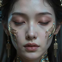 ultra realistic beautiful cyborg deity eyes closed, scifi, cyberpunk, fantasy, intricate details, movie still, highly detailed, photorealistic, octane render, eerie, 8k, art by artgerm and alphonse mucha and greg rutkowski