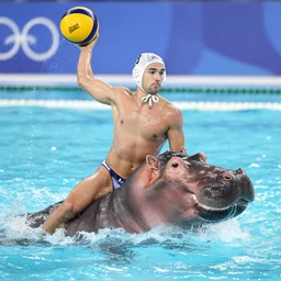 a water polo player riding a hippopotamus. sports photograph.