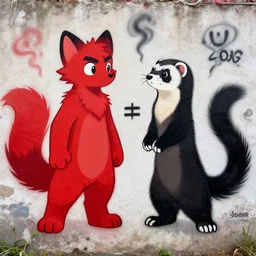 ( ( ( red ) ( black ) ( furry fandom ) ( fursona ) ( weasel * ferret * stoat ) ) / ( smoke * backing ) ) = ( wall + graffiti )