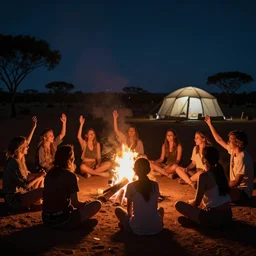 atmospheric night photograph of people celebrating sitting cross legged around a fire with a circular tent out of focus in the background, in the australian desert