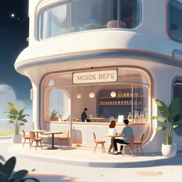 editorial illustration exterior of a futuristic cafe, space themed, mads berg, ( ( giuseppe riccobaldi ) ), dramatic lighting, greg rutkowksi, risograph, wood block print, dot shaded, unreal engine, colorful