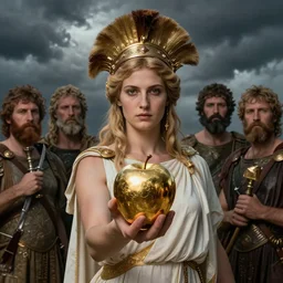 eris, greek goddess of chaos, holding an reflective gold!!! metal apple, goddess of chaos, in the trojan war, mk 1 1, stormy skies, carl spitzweg, ismail inceoglu, vdragan bibin, hans thoma, greg i'm rutkowski, alexandros pyromallis, perfect face, sharply focused, sharply detailed, centered,